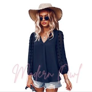 Swiss Polka Dot V-Neck Navy Top